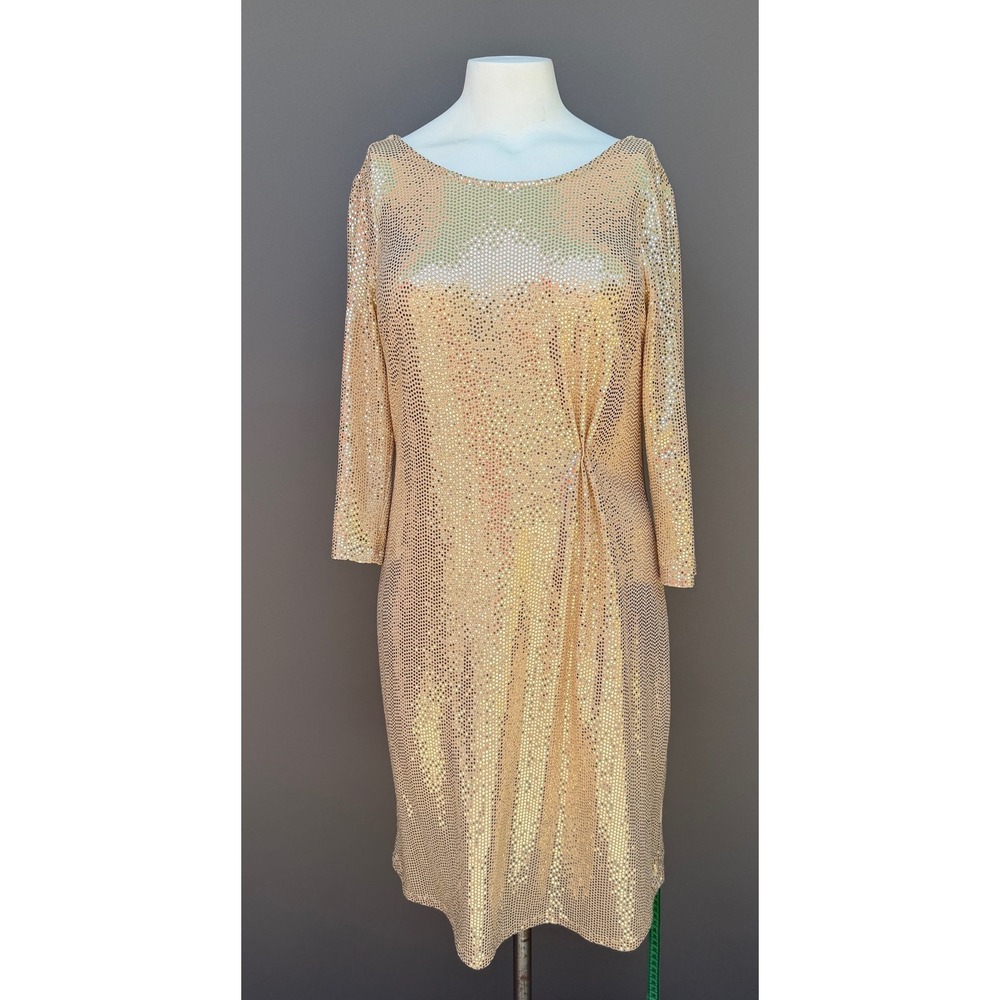 JM Studio John Meyer Gold Sequin Dress 10 Cowl Back Ruched Glam Cocktail Party